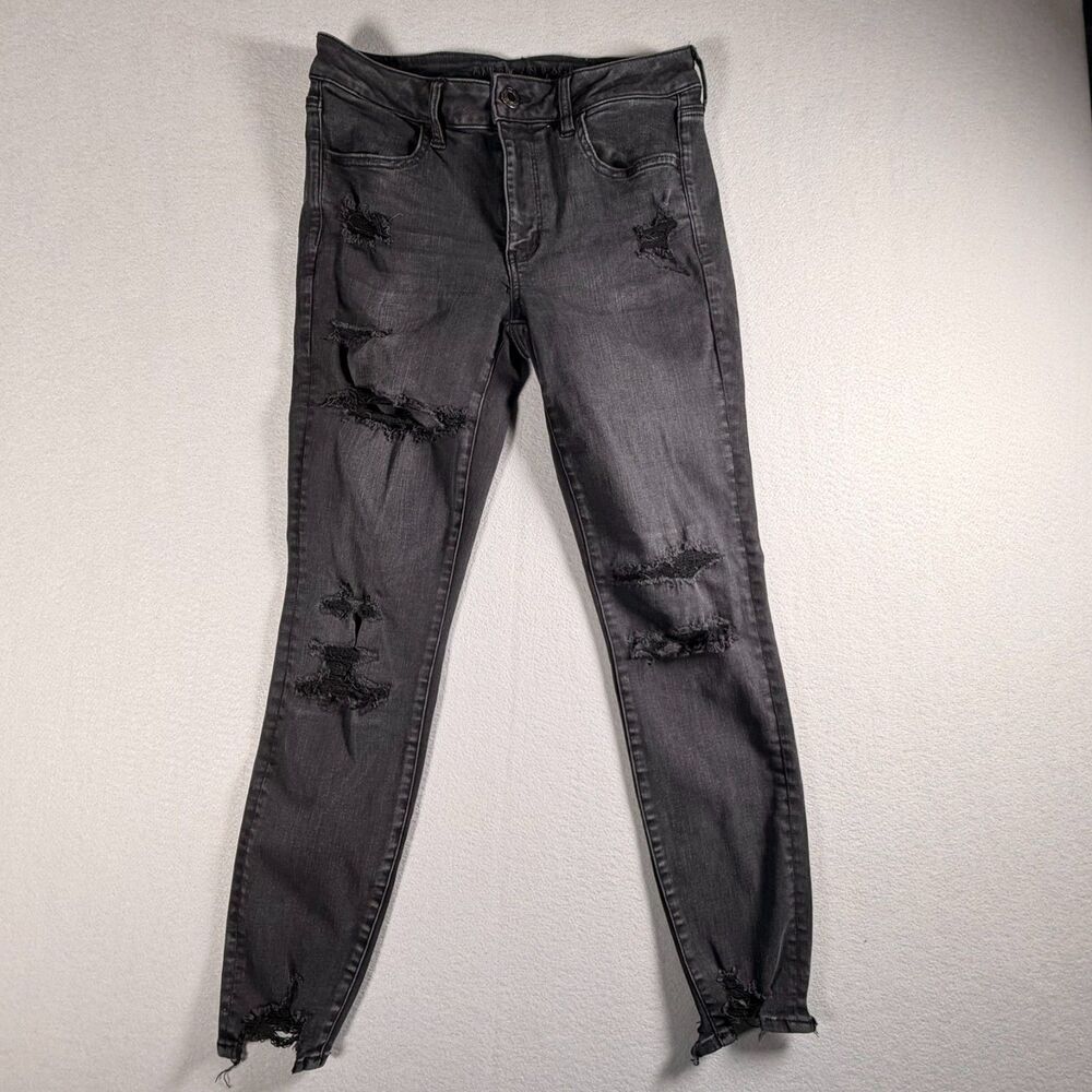 Women's American Eagle Size 12 Black Washed Distressed Skinny Jeans Grunge